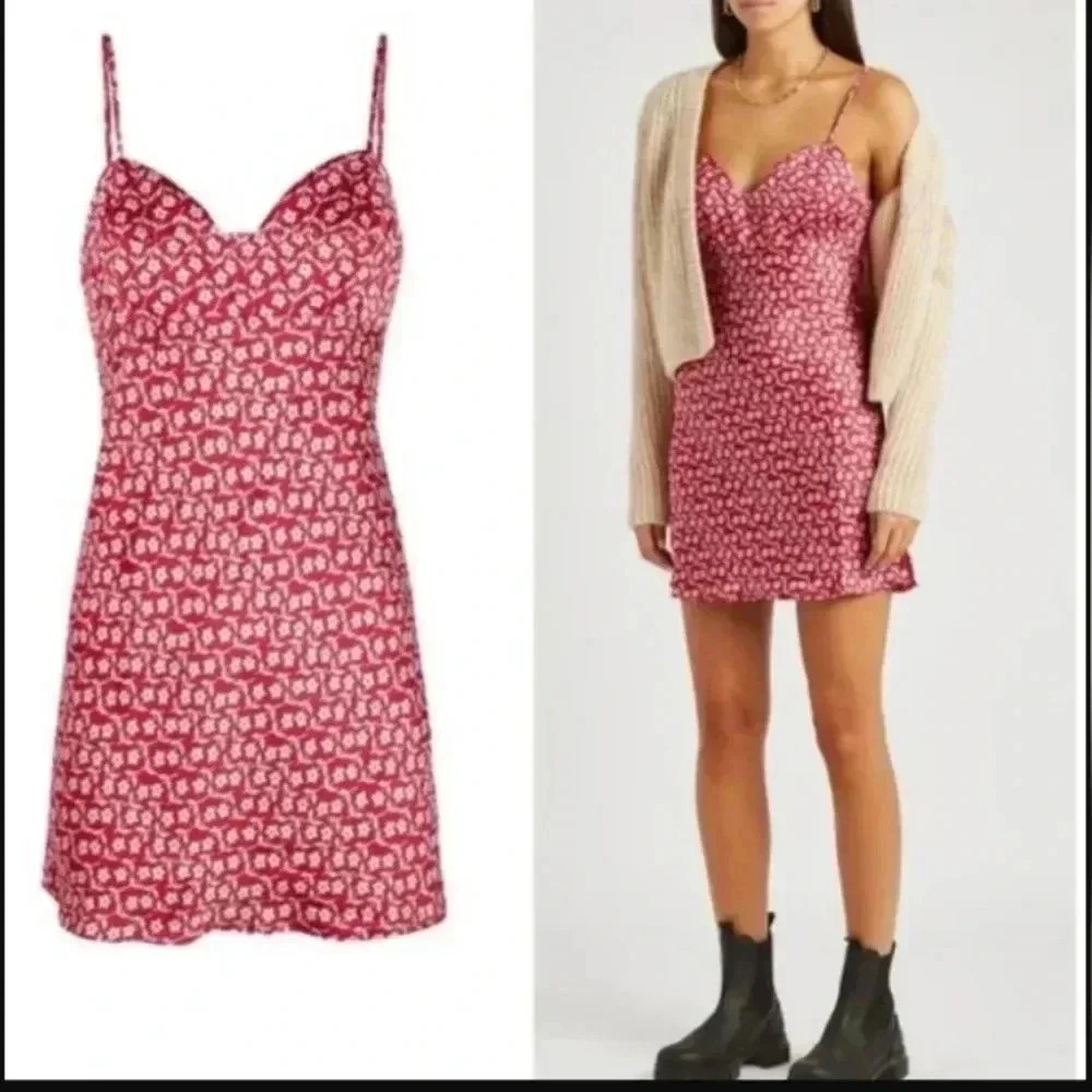 Free People Red Floral Slip Dress Mini Cherry Print Spaghetti Strap Size Large